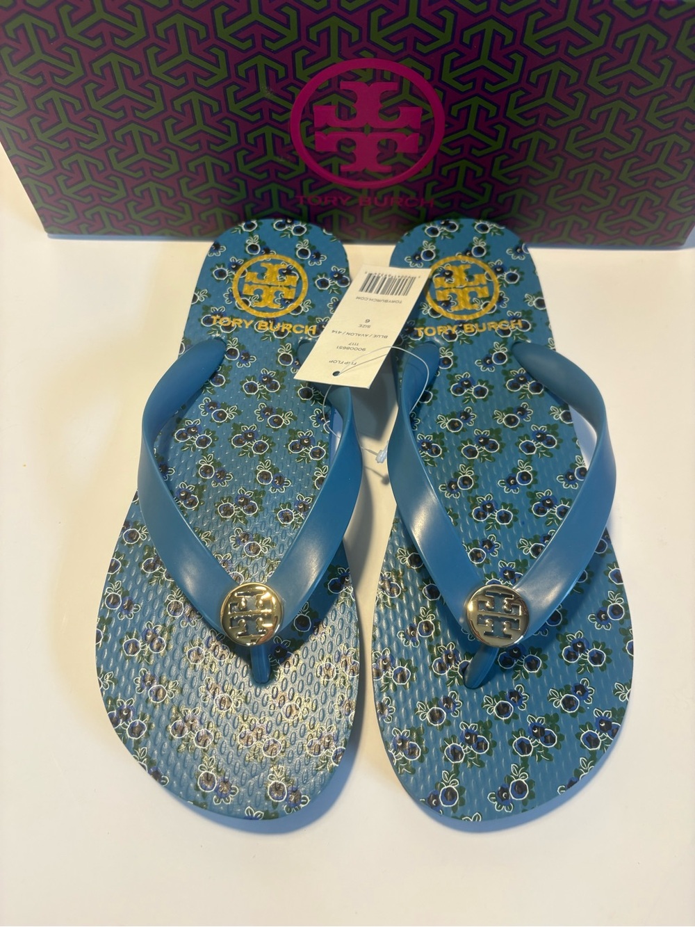 Tory Burch Blue Floral Logo Jelly Flip Flops size 6 NWT